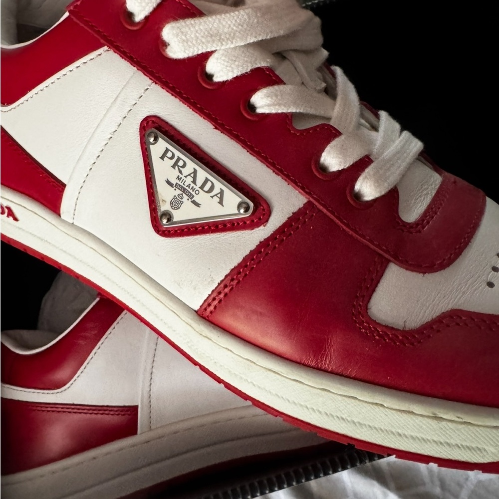 Prada Men's Red and White Leather Sneakers